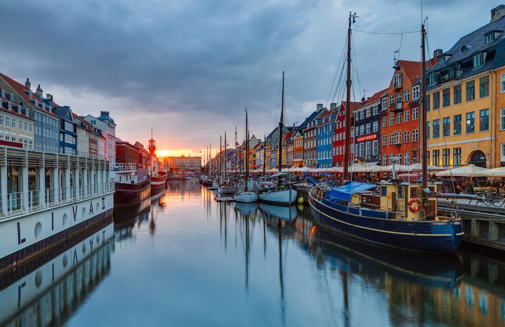 Tivoli decorated for Christmas, with lights over the lake